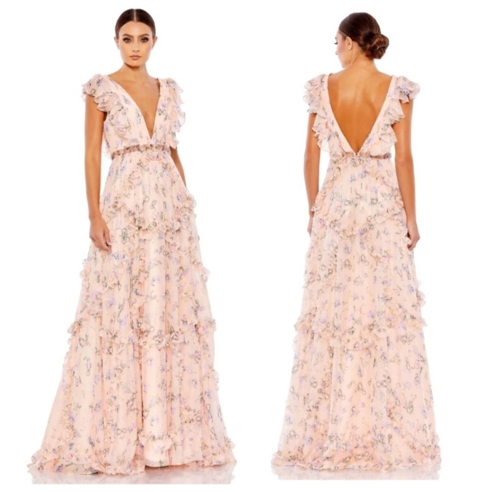 MAC DUGGAL RUFFLED FLORAL PRINT CAP SLEEVE GOWN Sz 18
